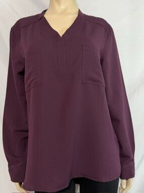 Nine West Maroon long-sleeve blouse with a V-neck and chest pockets Women Size L